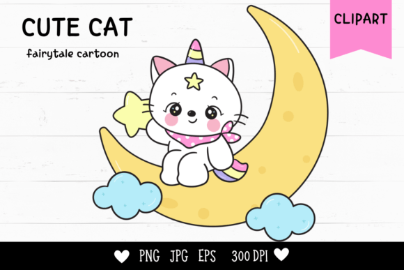 Cat Unicorn on Moon Kawaii Kitten Night – The Perfect Digital Clipart for Creative Projects