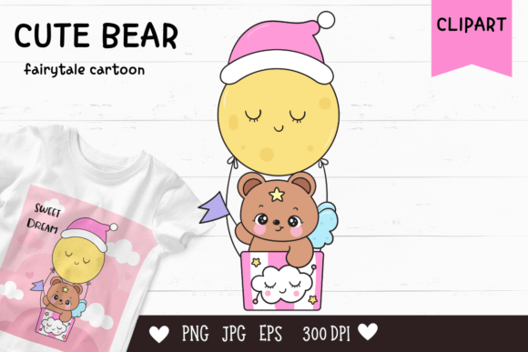 Cute Teddy Bear on Moon Balloon Kawaii: A Versatile Clipart for Creative Projects