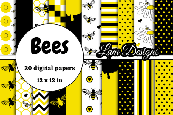 Yellow and Black Bees Digital Papers for Creative Projects